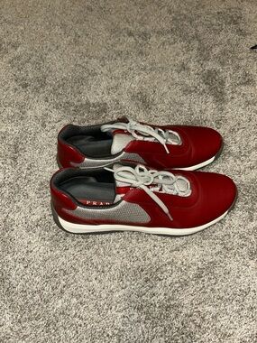 Prada Men’s Red and Gray Lace-Up Sneakers